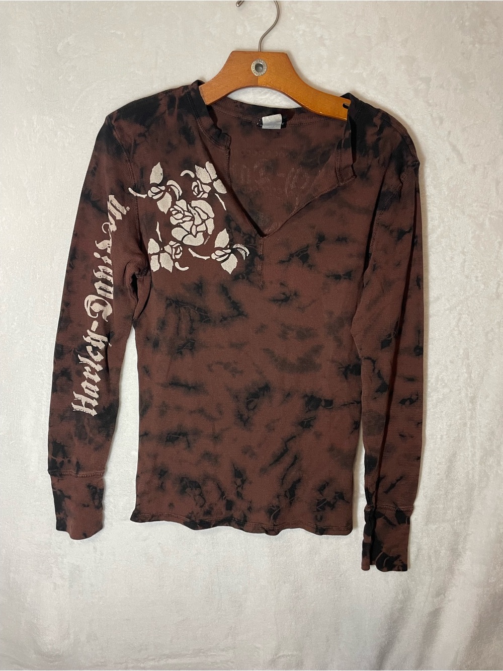 Harley-Davidson Brown and Black Tie-Dye Floral Long Sleeve Top